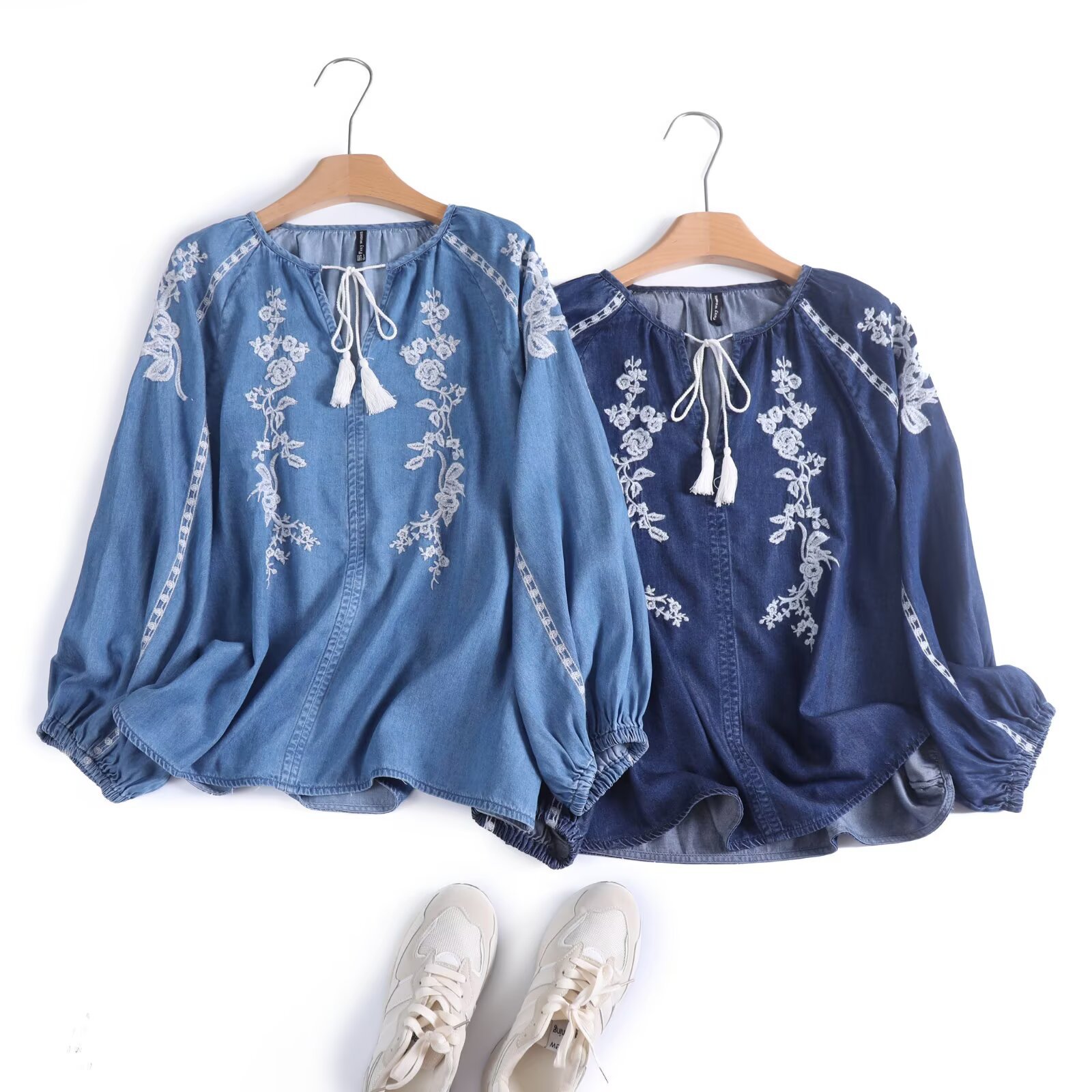 Tassel Fringe Trim - Damska bluzka jeansowa z haftem kwiatowym,
