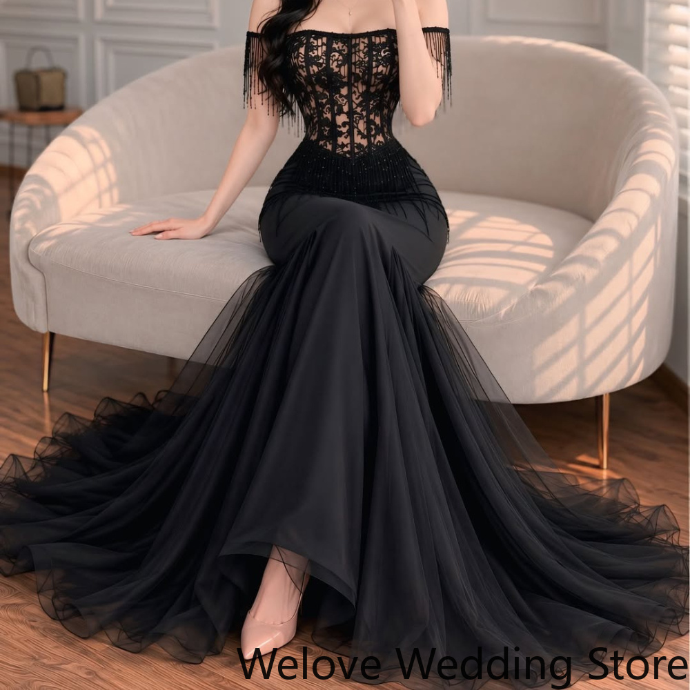 Beaded Trim Fringe - Czarna, szyta na miarę, elegancka sukienka