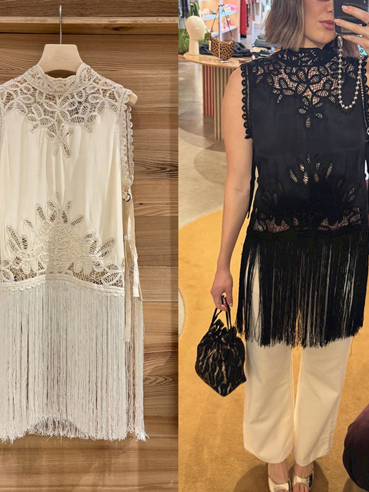Tassel Fringe Trim - Koszula damska bez rękawów z ażurowym
